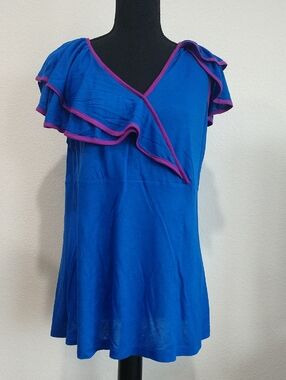 Apostrophe Blue Tunic with Pink Trim Ruffle Shoulder